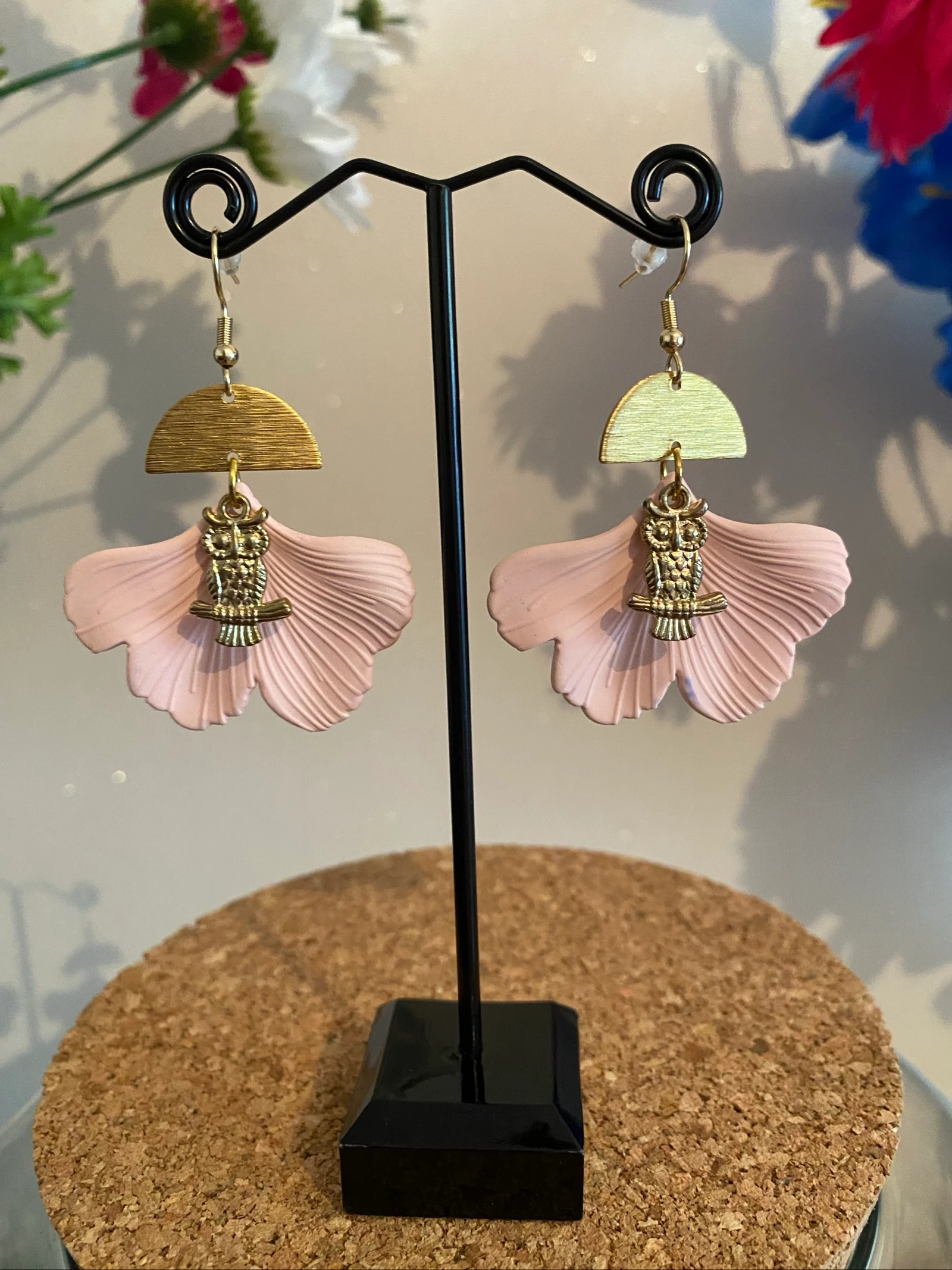 🌸 Boucles d’oreilles Gingko rose poudré & hibou doré 🌸